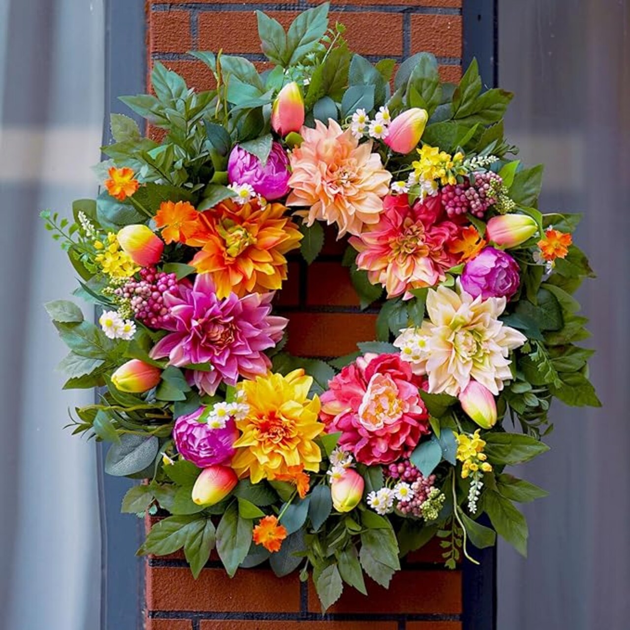 Spring Wreath 24 Inch Spring Wreaths for Front Door with Dahlia and Greenery Wreath, Spring Door Wreath for All Seasons,Spring and Summer Wreaths for Front Door Outside or Indoor